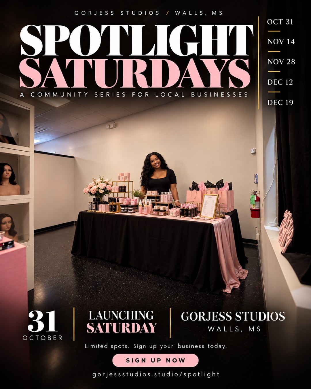 Spotlight Saturdays flyer: a community series for local businesses at GorJess Studios in Walls, MS. Dates: Oct 31, Nov 14, Nov 28, Dec 12, Dec 19.